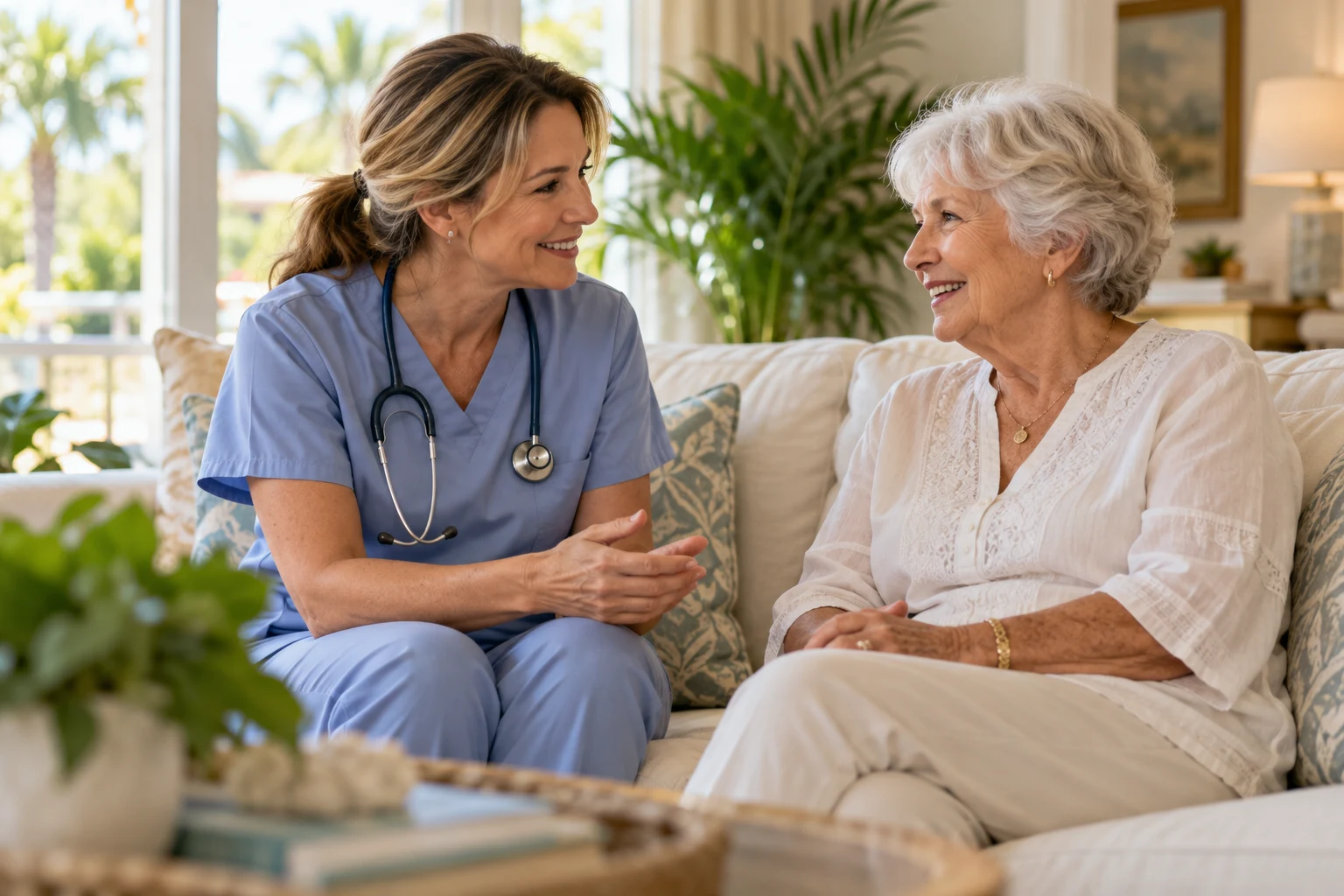 Illustrative scene of a healthcare professional talking with an older adult at home